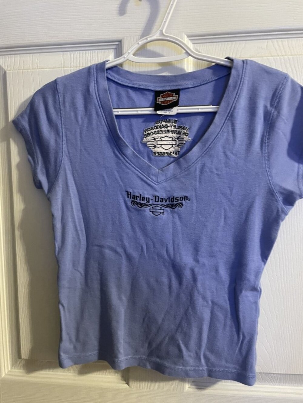HARLEY DAVIDSON~ BUMPUS of MURFREESBORO TN•SMALL CROP-TOP BLUE• V Neck-Ladies•